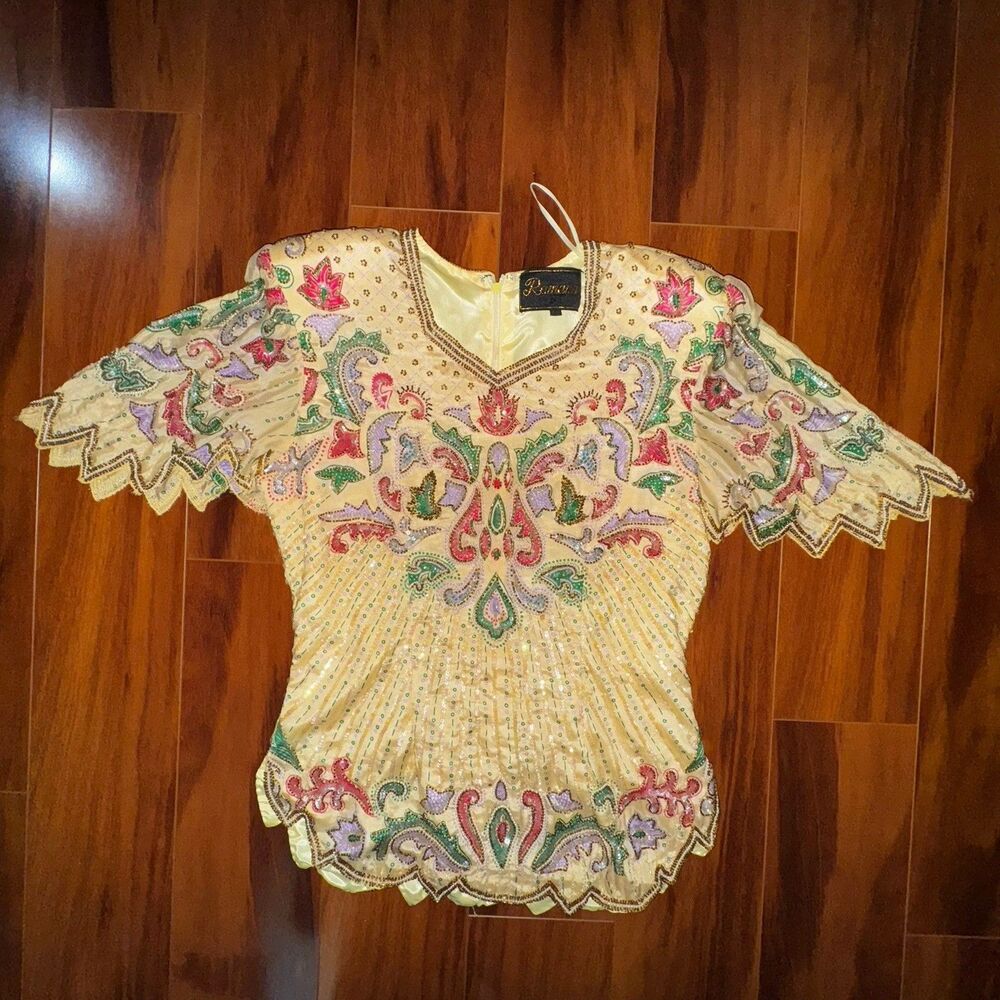 Ramana Pure Silk Beaded Embroidered Boho Top Vintage Festival Size 10 Hippie
